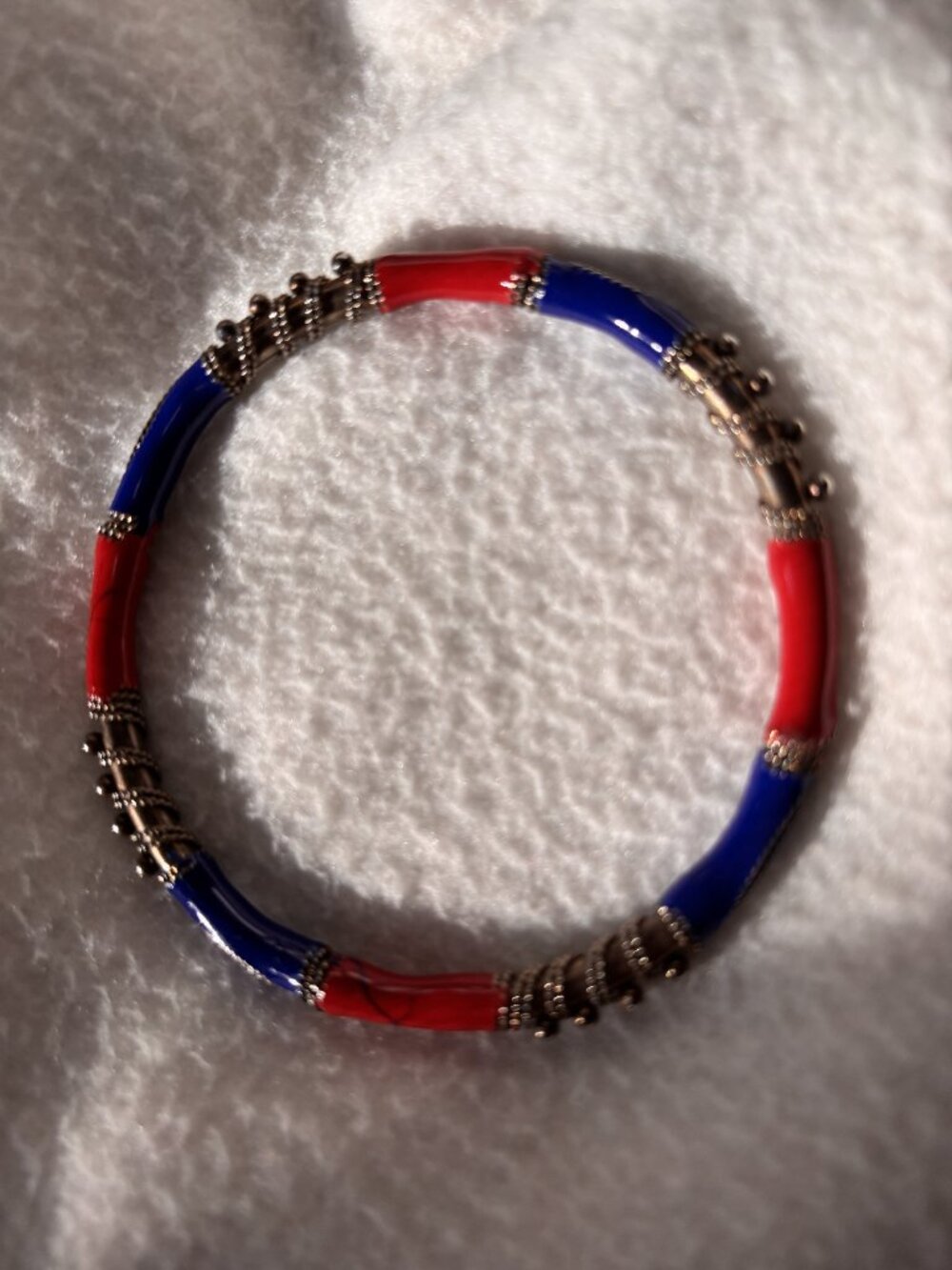 Vintage Red Blue Enamel Bangle Bracelet Gold Tone Boho Statement